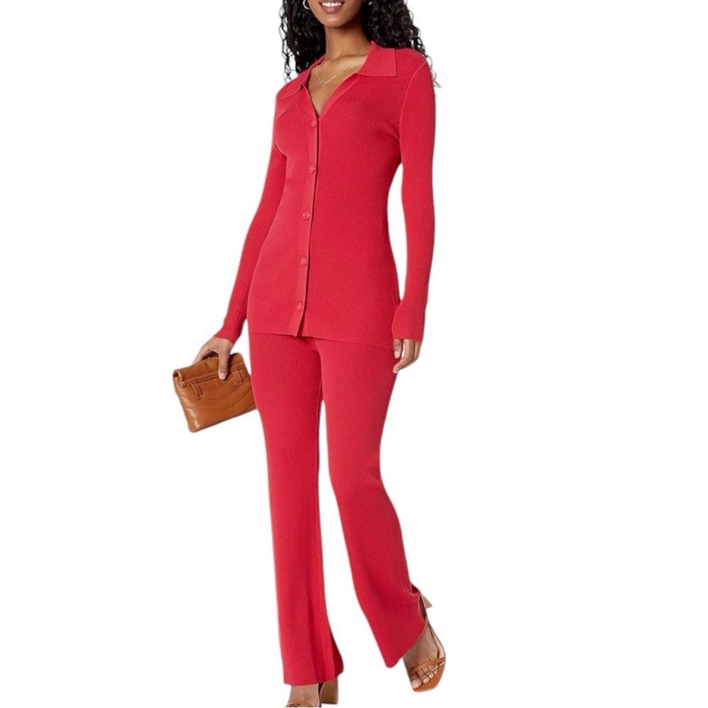 The Drop Women's Red Constance Rib Button-Down Sweater Set Top & Pants Size 3X